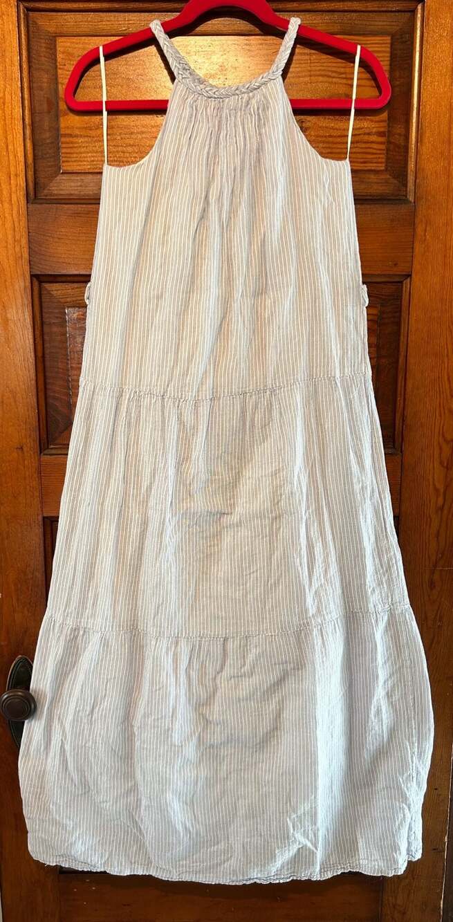 Japna Blue & White Striped Braided Halter Tiered Maxi Dress Size XS